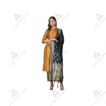 VredeVogel Women's Cotton Silk Blend Straight Kurta with Trouser Pant & Banarasi Silk Dupatta